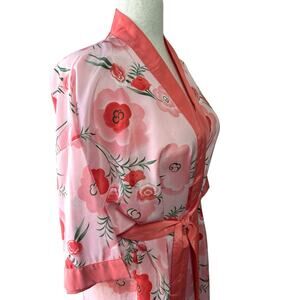 Vtg Contessa Di Roma Women's Pink Floral Print Kimono Robe Large Preppy Boho